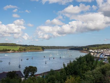 A river with boats anchored surrounded by trees and houses at 9 Oakley Wharf in Porthmadog