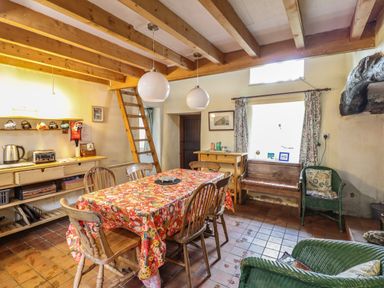 A dining room with a table covered by a floral tablecloth surrounded by wooden chairs and green wicker armchairs at The Long House in Penmachno