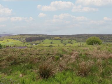 A landscape with fields and hills at The Long House in Penmachno
