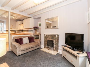 A living room with a sofa near a fireplace and a TV on a stand at Fell View in Ambleside
