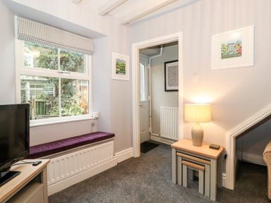 A room with a window seat a television nested tables with a lamp and two framed pictures on the walls at Fell View in Ambleside
