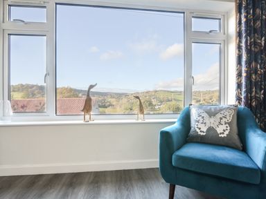 A window with bird figurines on the sill and a blue armchair with a butterfly pillow at Hook Farm Cottage in Uplyme