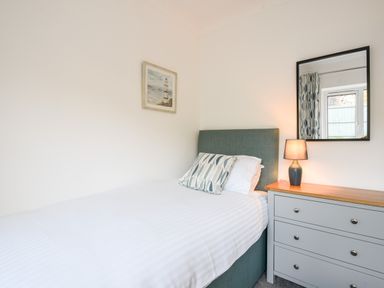 A bedroom with a single bed a bedside table with a lamp a mirror and a painting at Hook Farm Cottage in Uplyme