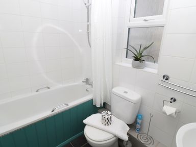 A bathroom with a bathtub, toilet, window with a plant, shower curtain, and toilet paper holder at The Haven in North Sunderland near Seahouses