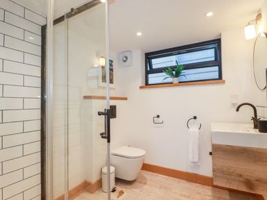 A bathroom with a shower, toilet, sink, round mirror, towel rack, and small plant on a window ledge at Little Beach Cabin in Crantock