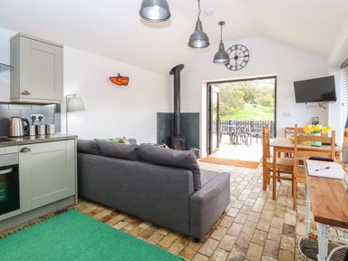 A living area with a grey sofa a wood stove a wooden dining table and chairs a wall clock and a TV near open doors leading outside at The Grain Store in Haddiscoe