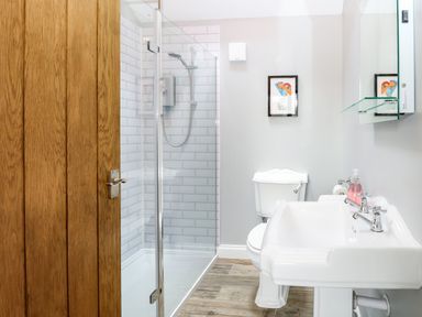 A bathroom with a wooden door a glass shower enclosure a toilet a white sink and a framed picture on the wall at The Grain Store in Haddiscoe