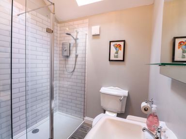 A bathroom with a glass-enclosed shower, a toilet, a sink with a soap dispenser, and a framed picture on the wall at The Grain Store in Haddiscoe