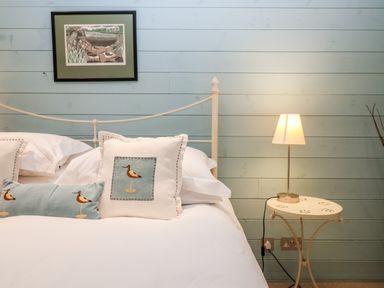 A bedroom with a white metal bed frame white bedding bird-themed pillows a small white side table and a lit table lamp at Lampland House in Walberswick