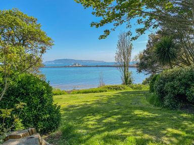 A grassy garden area with bushes and trees overlooking a body of water and distant land at Melanies Cottage Brewers Quay Harbour
