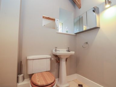 A bathroom with a toilet with wooden seat a pedestal sink and mirrored cabinet at The Barn Helperby near Boroughbridge