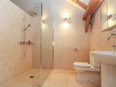 A bathroom with a walk in shower toilet and sink at The Barn in Helperby near Boroughbridge