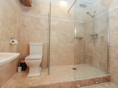 A bathroom with a toilet a sink and a walk in shower at The Barn in Helperby near Boroughbridge
