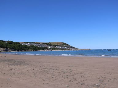 A beach with water and houses in the background at The Haven