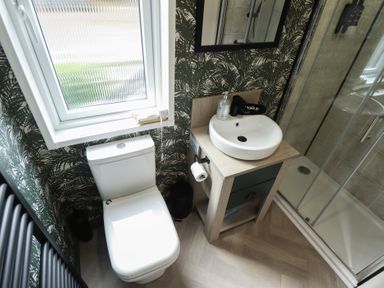 A bathroom with a sink, toilet, and shower at Heather William Lodge near Woodhall Spa