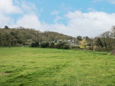 A large grassy field with a small soccer goal and trees in the background at The Beach Hut in Cromer