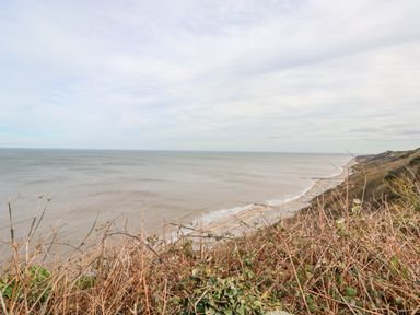 A coastal cliff with dry vegetation overlooking a beach and ocean at The Beach Hut in Cromer