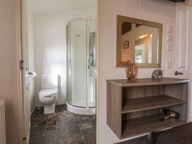 A bathroom with a toilet and a curved glass shower next to a wooden cabinet with a mirror above it at Evergreen Pines in Cayton Bay near Scarborough