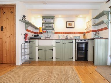 A kitchen with green cabinets a wooden door a stove and kitchenware at Oofoo's Barn in Mullion
