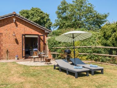 A garden with lounge chairs, table, and barbecue at Piglet Corner in Culmstock