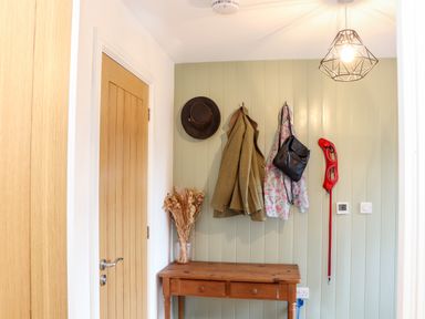 An entryway with wooden door a small wooden table with a vase of dried flowers a hat coats and bags hanging on hooks on a green paneled wall and a geometric light fixture hanging from the ceiling at Wildwood in Newquay
