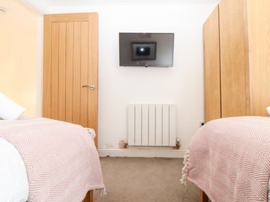 A bedroom with two beds covered with pink blankets a wall mounted TV a wooden door and wardrobes at Wildwood in Newquay