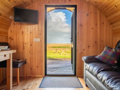 An interior wooden room with a door open to a grassy landscape a leather sofa with a cushion a wooden table with dishes a wall mounted television at Heisgeir Sollas Isle Of North Uist