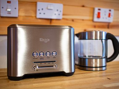 A kitchen counter with a stainless steel toaster and electric kettle at Heisgeir Sollas Isle Of North Uist