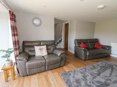 A living room with two leather sofas a gray rug a wooden side table with a plant and a wall clock at Curtau Llanfaredd near Builth Wells