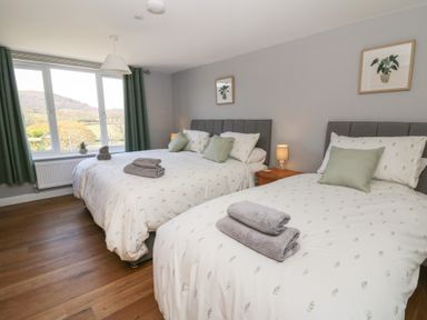 A bedroom with two beds, bedside tables with lamps, a large window with green curtains and framed plant pictures on the walls at Curtau in Llanfaredd near Builth Wells