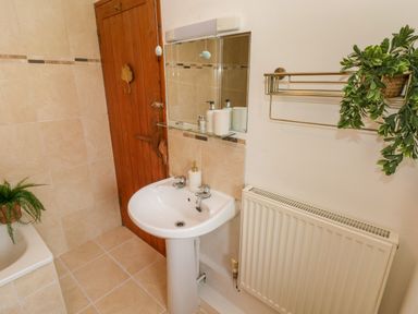 A bathroom with a white pedestal sink a mirror above and a wooden door at The Stables Near Solva