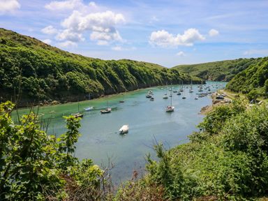 A river with boats anchored along the sides surrounded by green hills and vegetation at The Stables Near Solva