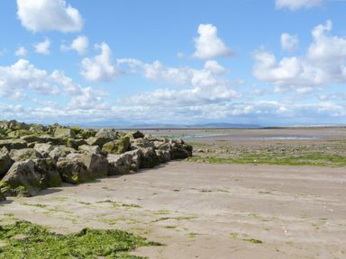 A sandy beach with scattered green seaweed and large mossy rocks under a cloudy sky at Time and Tide in Arnside