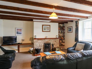 A living room with black leather sofas a wooden coffee table a stone fireplace a wall-mounted wooden shelf with books and a flat screen television at Cherry Tree Cottage Fallodon near Embleton