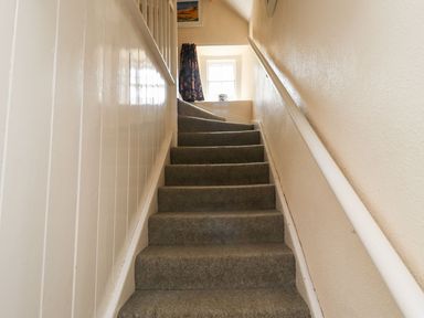 A carpeted staircase with a white handrail and a window with a curtain at Cherry Tree Cottage in Fallodon near Embleton