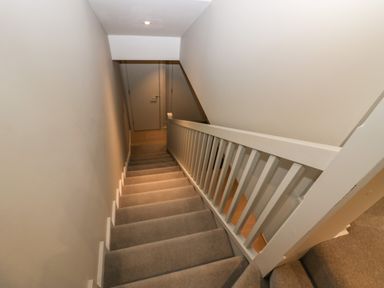 A carpeted staircase with white wooden railing leading to a closed door in a hallway at Brimstone in Backbarrow near Ulverston