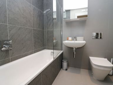 A bathroom with a bathtub a sink a toilet and a trash bin at Brimstone in Backbarrow near Ulverston