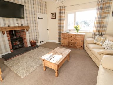 A living room with a wood burning stove TV wooden furniture and a sofa at Moorlaws Farm in Alnwick