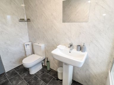 A bathroom with a toilet sink mirror soap dispenser and toilet brush at Moorlaws Farm in Alnwick