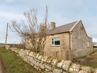 A stone cottage with tiled roof and leafless trees surrounded by a stone wall at Moorlaws Farm in Alnwick