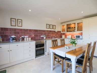 A kitchen with white cabinets red tile backsplash wooden table with chairs and a plant at Woodland View in Muddiford near West Down