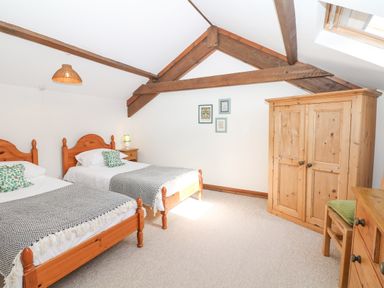 A bedroom with two single beds wooden furniture exposed wooden beams and a skylight window at Woodland View in Muddiford near West Down