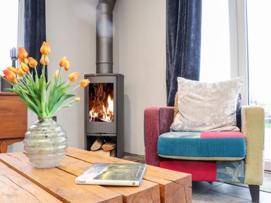 A living room with a vase of orange tulips on a wooden table a colorful armchair and a burning wood stove at La Petit Maison in St Columb Major