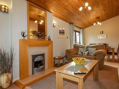 A living room with a fireplace sofa coffee table and dining table at 4 The Glade in St Minver