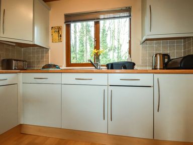 A kitchen with white cabinets a window with blinds and appliances at 4 The Glade in St Minver