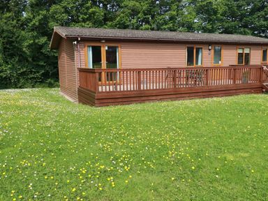 A wooden cabin with a deck and railing on a grassy area with wildflowers at 4 The Glade in St Minver