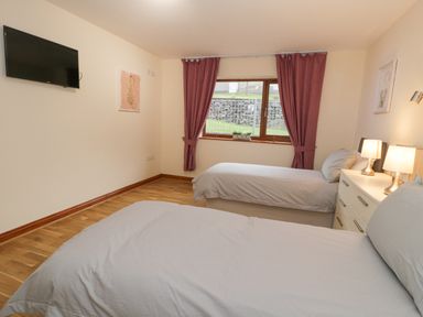 A bedroom with two single beds bedside lamps a dresser and a wall-mounted tv at Y Tylwyth in Blaenau Ffestiniog