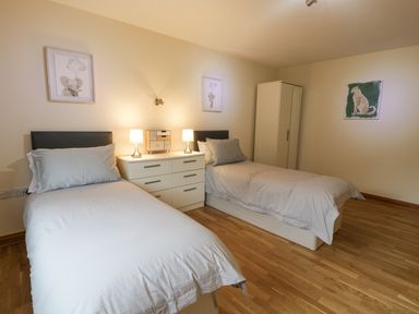 A bedroom with two single beds a white dresser with lamps and animal pictures on walls at Y Tylwyth in Blaenau Ffestiniog