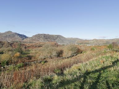 A landscape with grassy fields and trees with mountains in the background at Y Tylwyth in Blaenau Ffestiniog