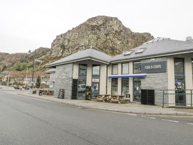 A street view of a fish and chips shop with outdoor wooden tables and a mountain in the background at Y Tylwyth in Blaenau Ffestiniog